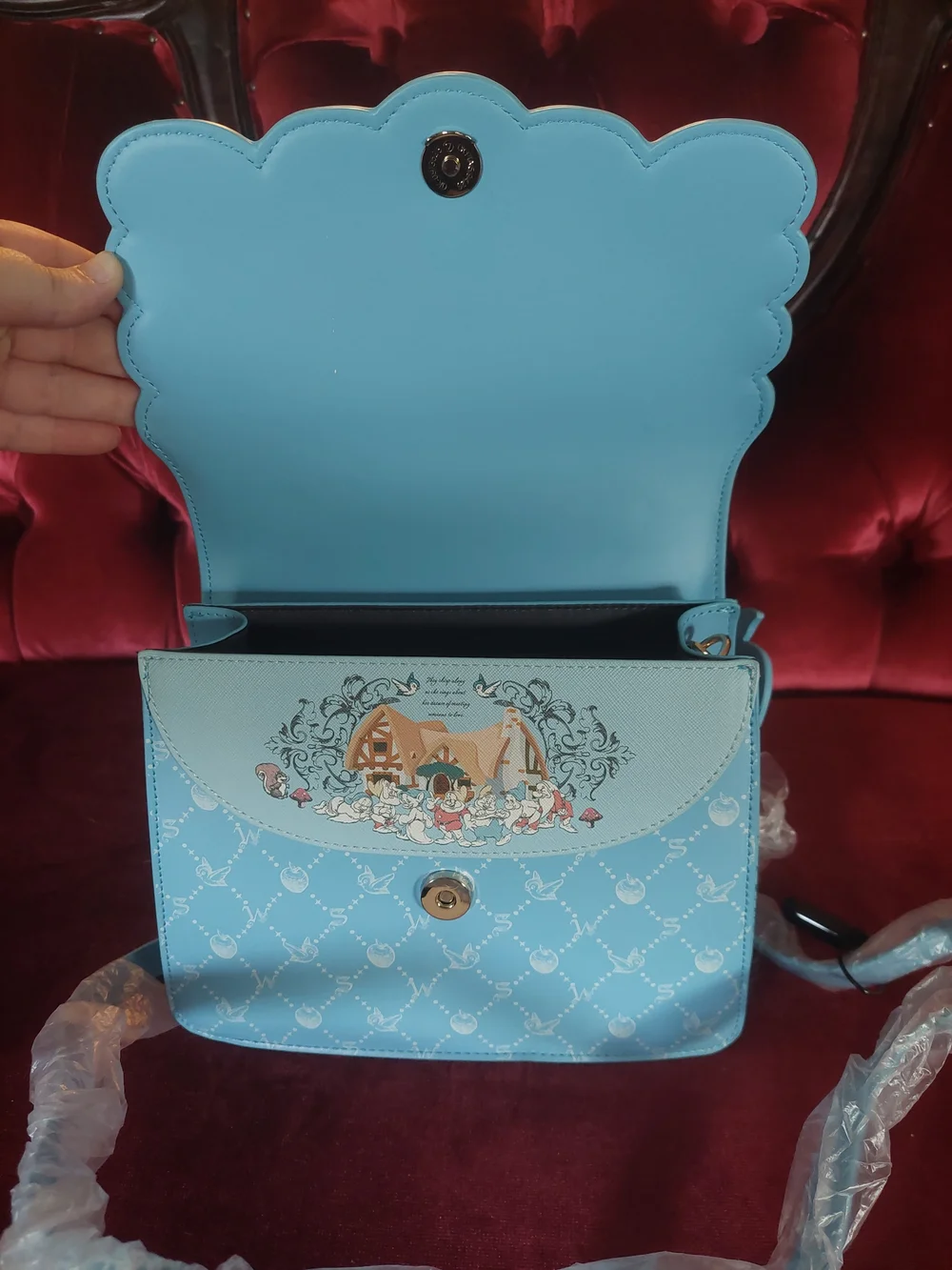 Disney Danielle Nicole Snow White Light Blue, Red Bows Heart Bag with Strap